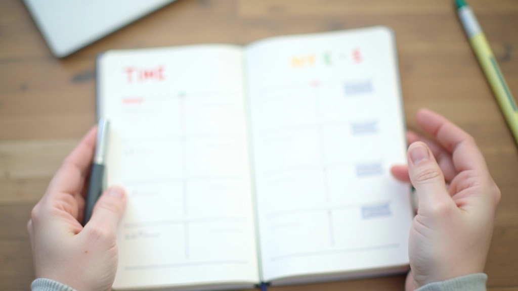 Open notebook showing time blocking schedule with color-coded time blocks