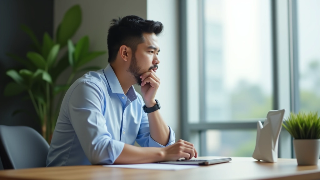 Person taking a break at desk, looking out window during work day