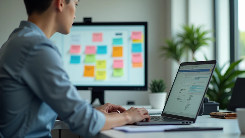 Person at desk using laptop with sticky notes on monitor showing priorities